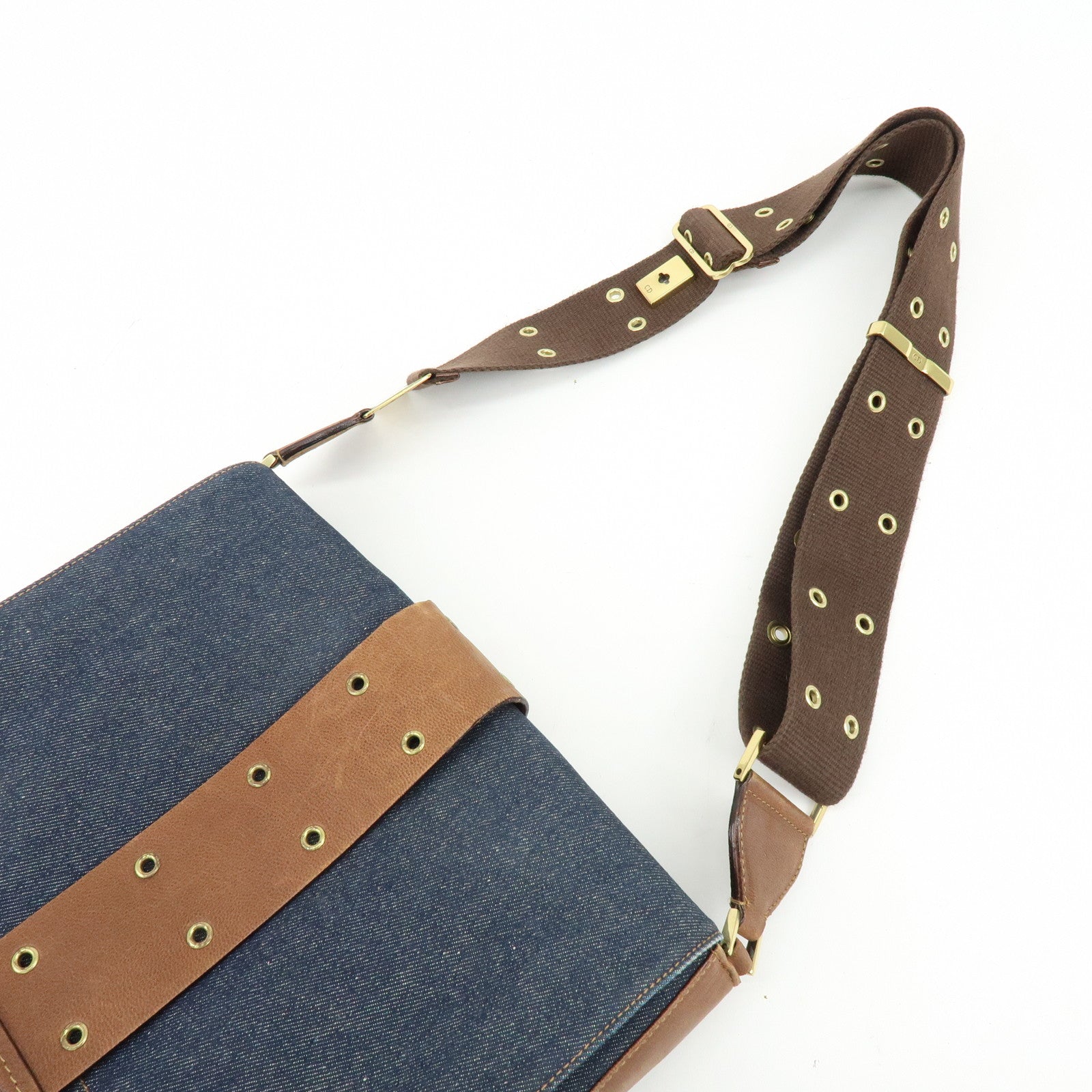 Christian Dior Street Chic Denim Leather Shoulder Bag Indigo Blue Brown