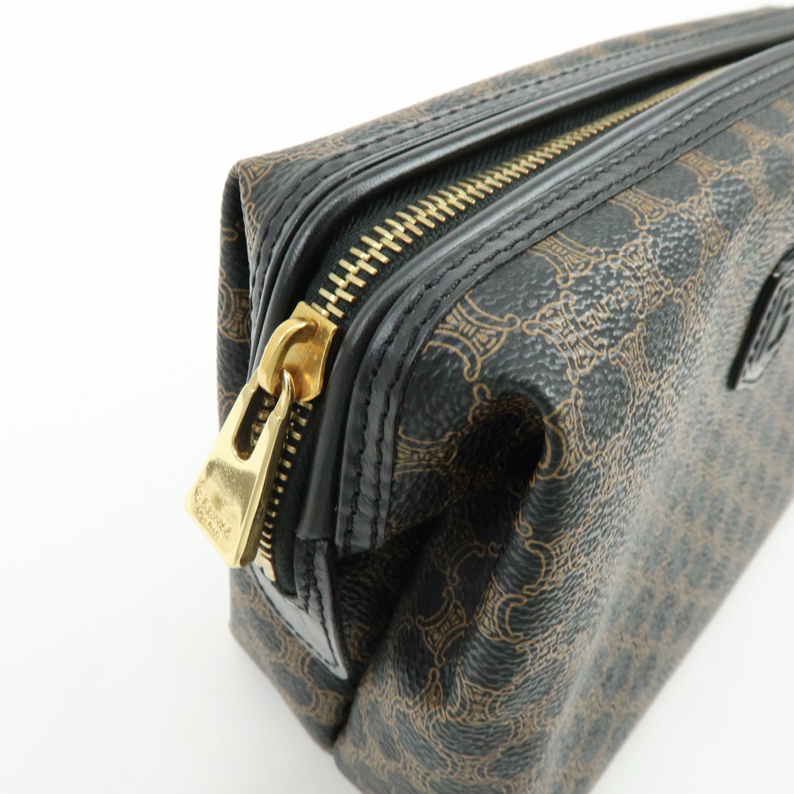CELINE Macadam PVC Leather Pouch Cosmetic Case Dark Brown Black