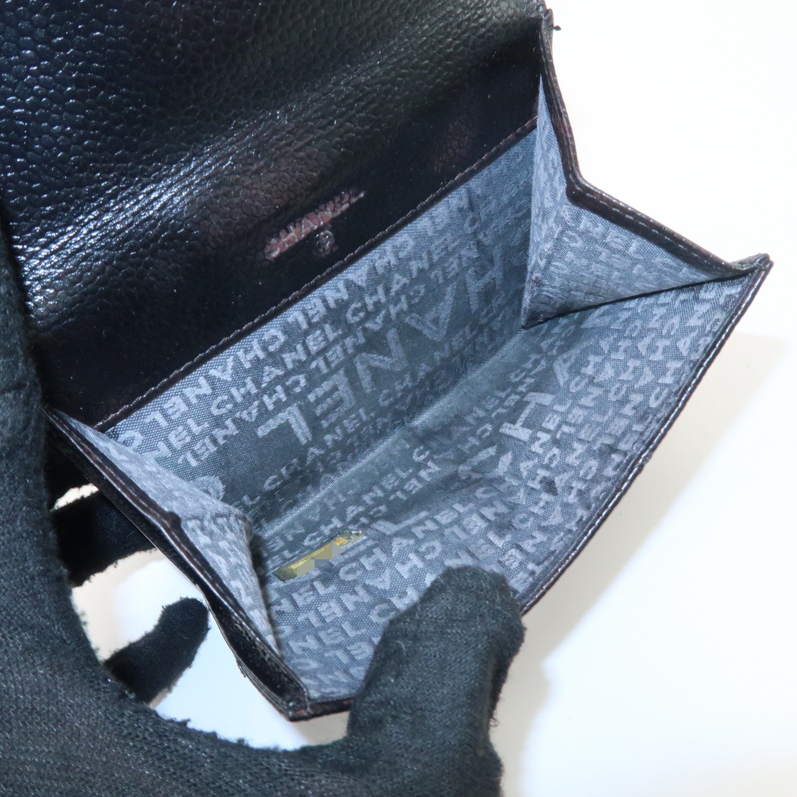 CHANEL Chocolate Bar Caviarskin W Hook Small Wallet Black Used