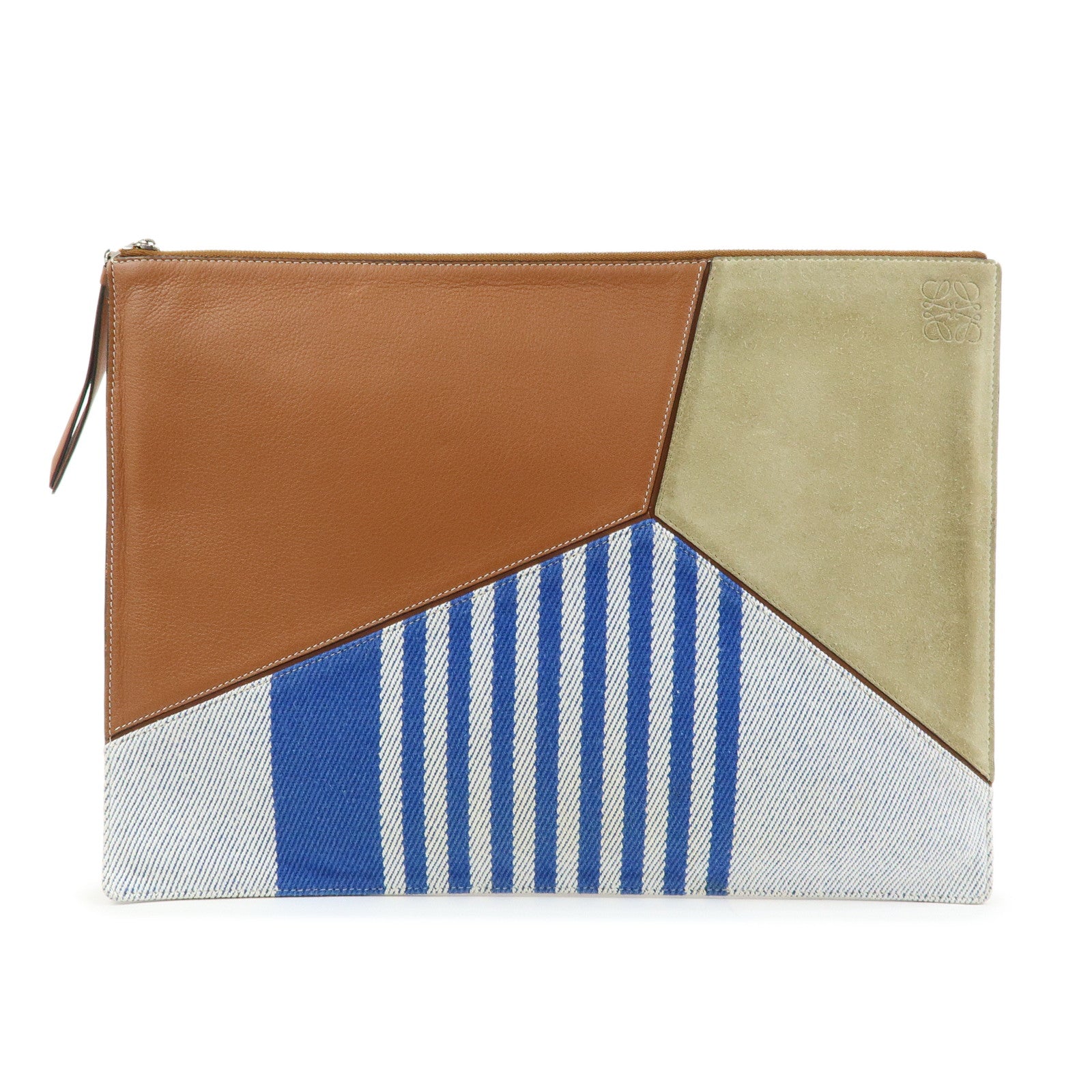 Loewe Anagram Puzzle Leather Suede Canvas Clutch Bag Blue Brown Beige