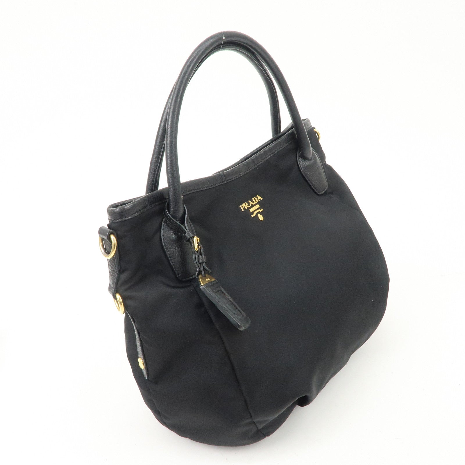 PRADA Logo Nylon Leather 2way Tote Bag Hand Bag Black Gold Hardware Used