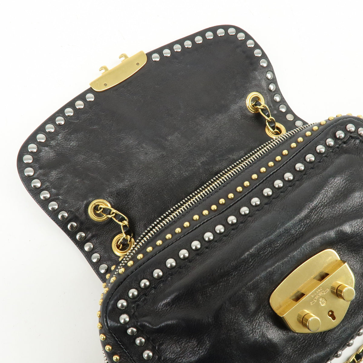 PRADA Leather Chain Shoulder Bag Studded Black Gold Silver BR4588