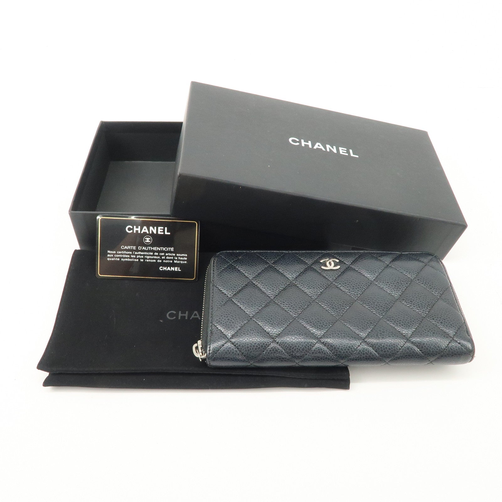 CHANEL COCO Mark Matelasse Caviarskin Zip Around Long Wallet A50097 Used