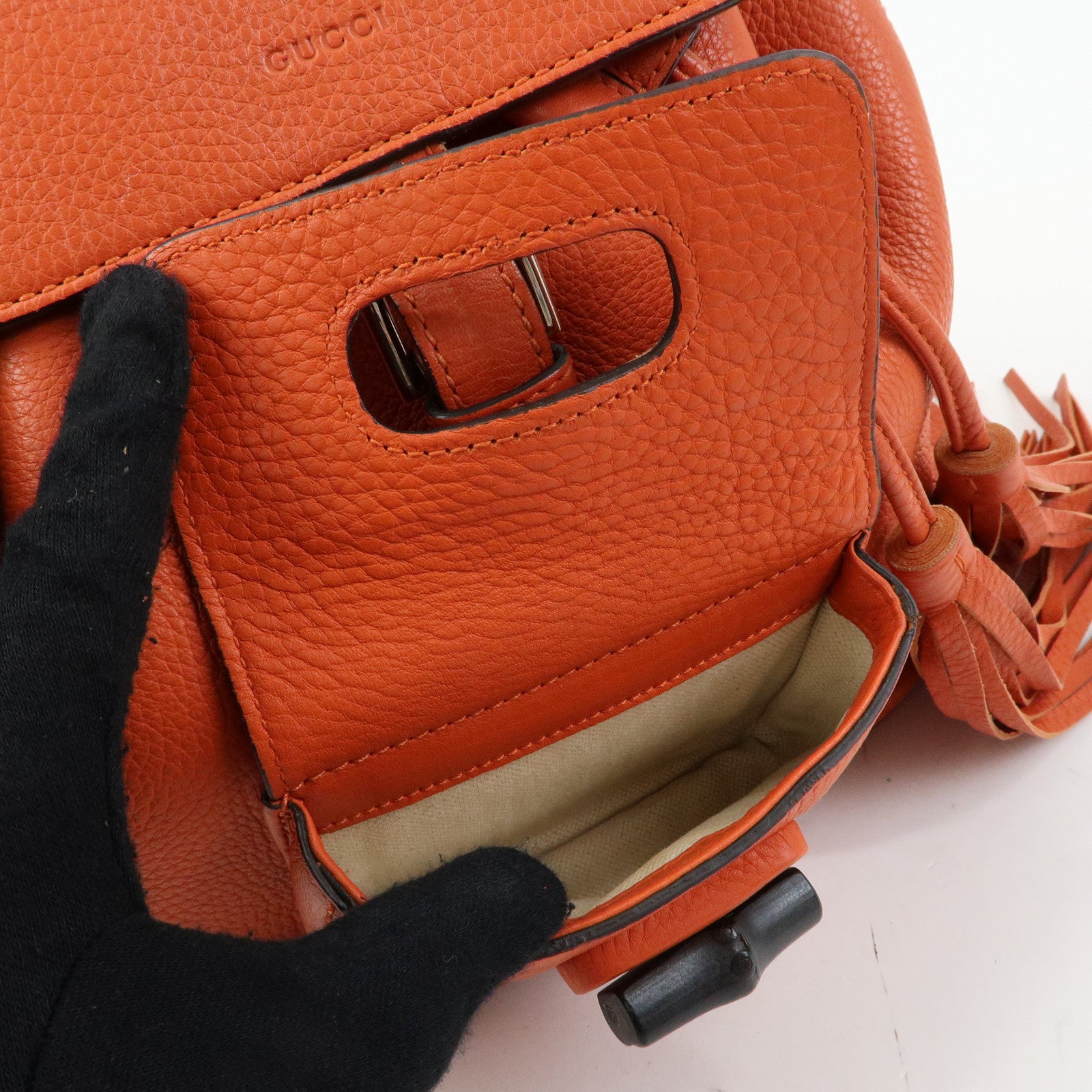 GUCCI Bamboo Leather Backpack Rucksack Tassel Strap Orange 387149