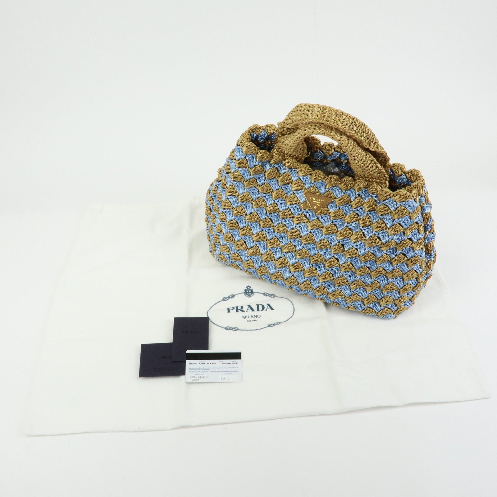 PRADA Triangle Logo Canapa Raffia Tote Bag Hand Bag Beige Blue