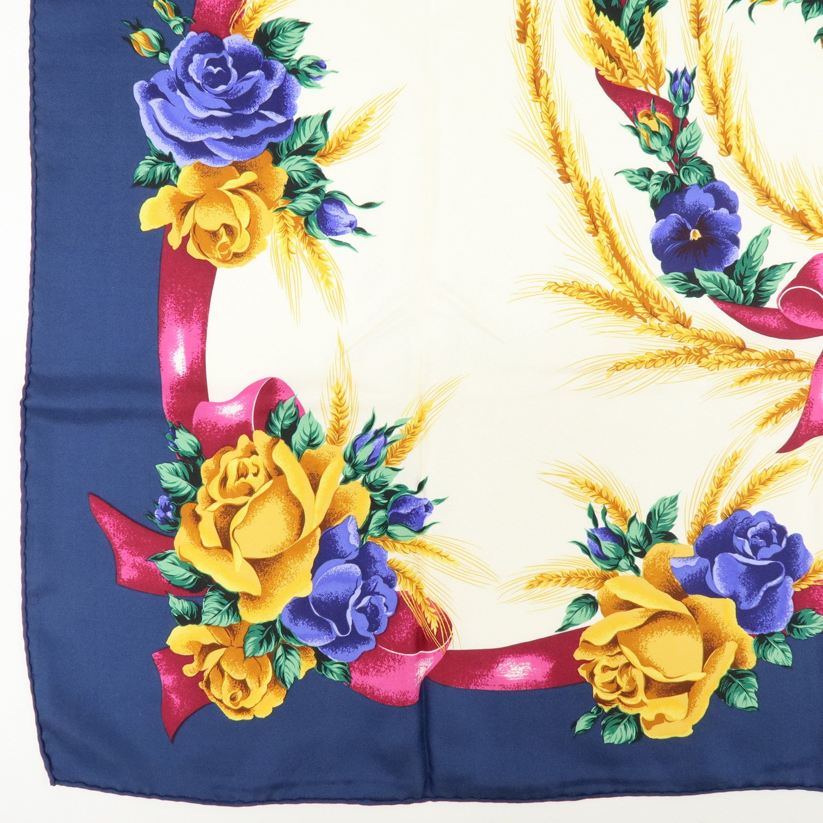 Christian Dior Silk 100% Scarf Flower Wheat Motif Navy Purple Gold