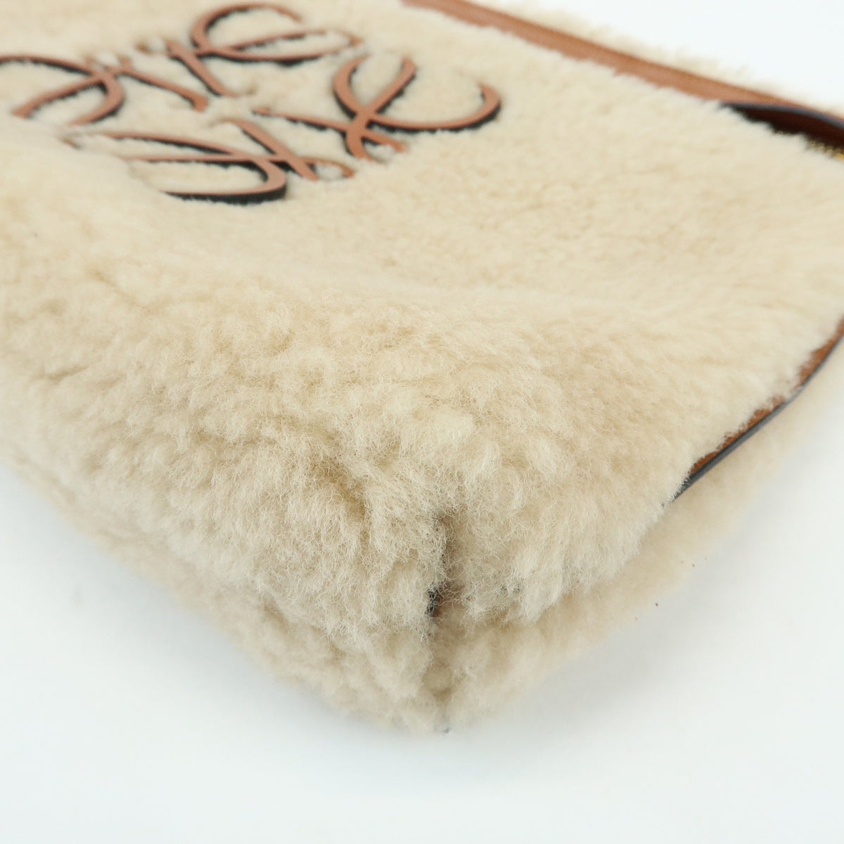 LOEWE Anagram Shearling Leather Clutch Bag Pouch Beige Brown