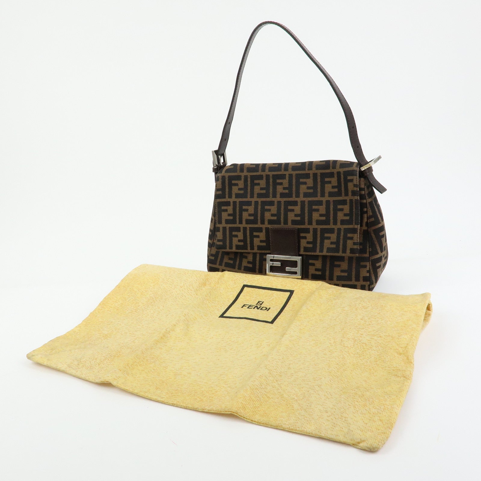 FENDI Mamma Baguette Zucca Canvas Leather Shoulder Bag Brown 26325