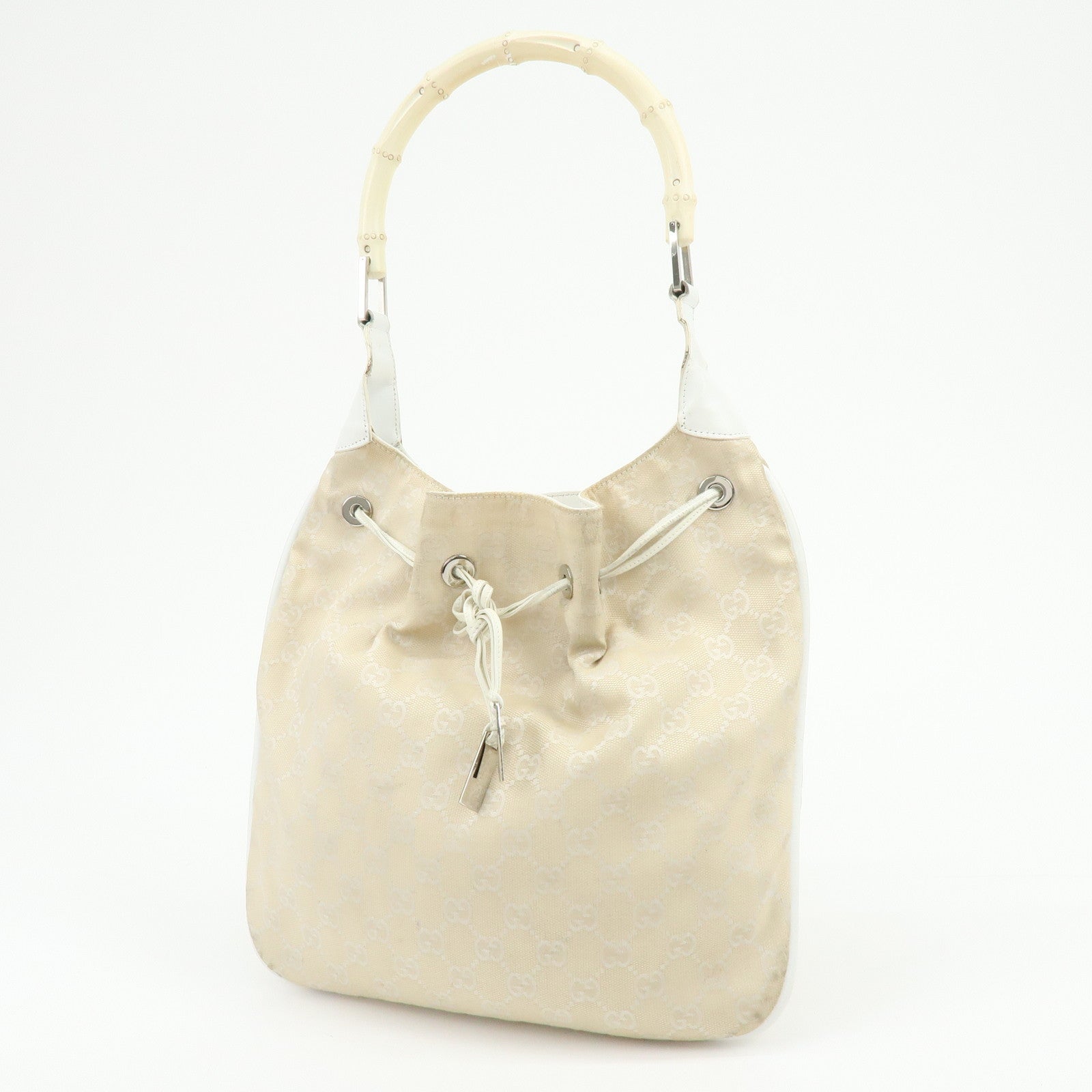 GUCCI Bamboo GG Canvas Leather Shoulder Bag Beige 001・4033・200047