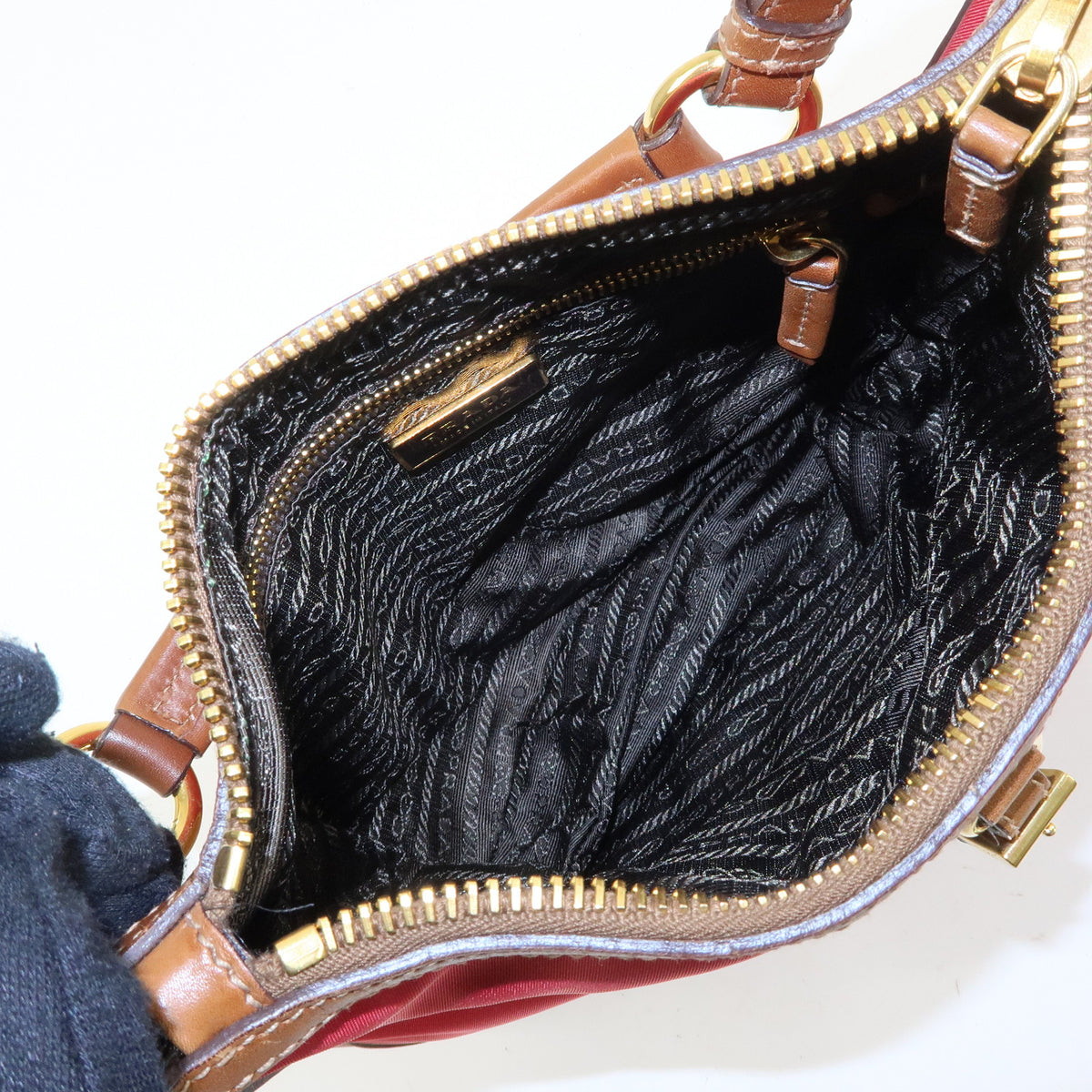 PRADA Triangle Logo Nylon Leather Shoulder Bag Red Beige Brown