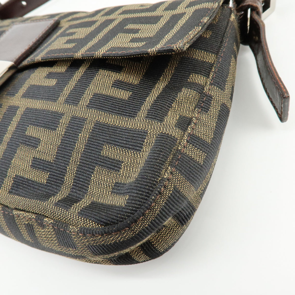 FENDI Mamma Baguette Jacquard Canvas Leather Shoulder Bag Brown 26424