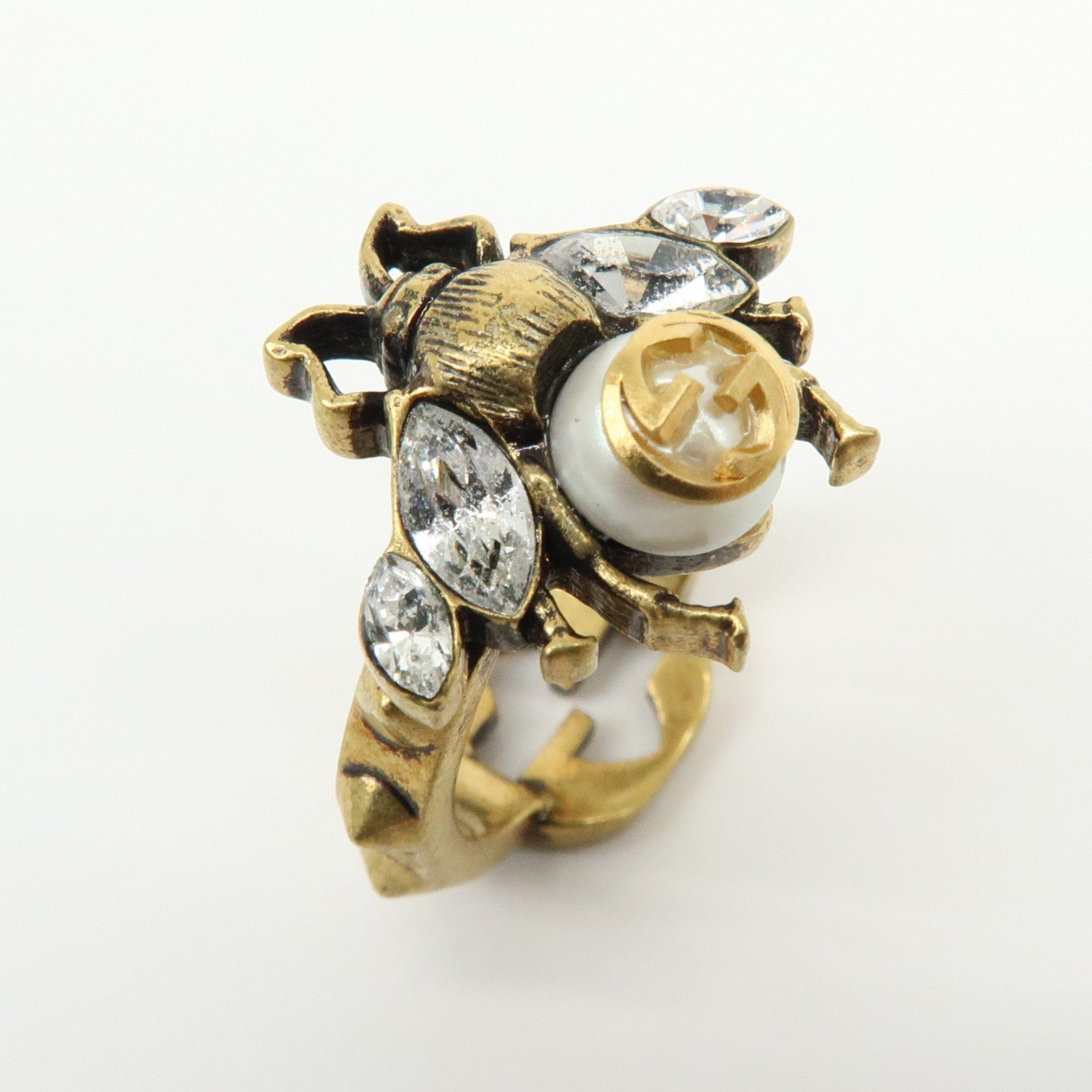 GUCCI Interlocking G Bee Metal Rhinestone Imitation Pearl Ring XS