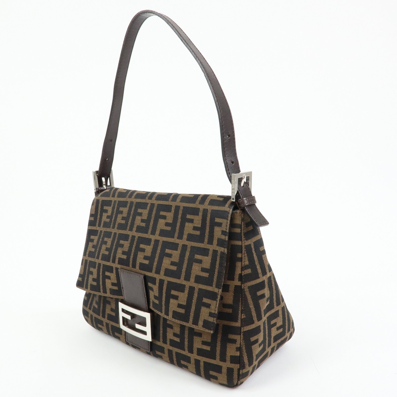 FENDI Mamma Baguette Zucca Canvas Leather Shoulder Bag Brown 26325