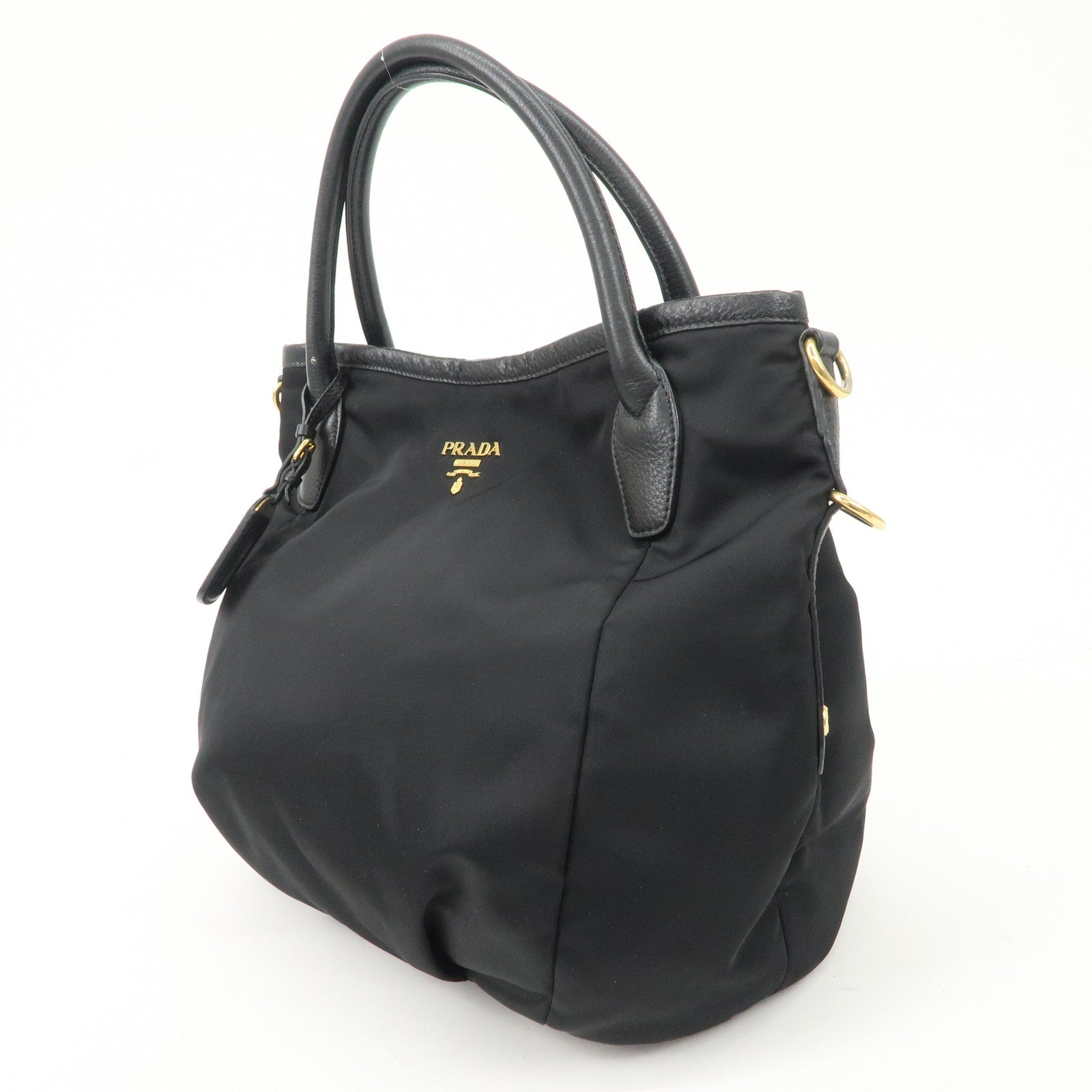 PRADA Logo Nylon Leather 2way Tote Bag Hand Bag Black Gold Hardware Used