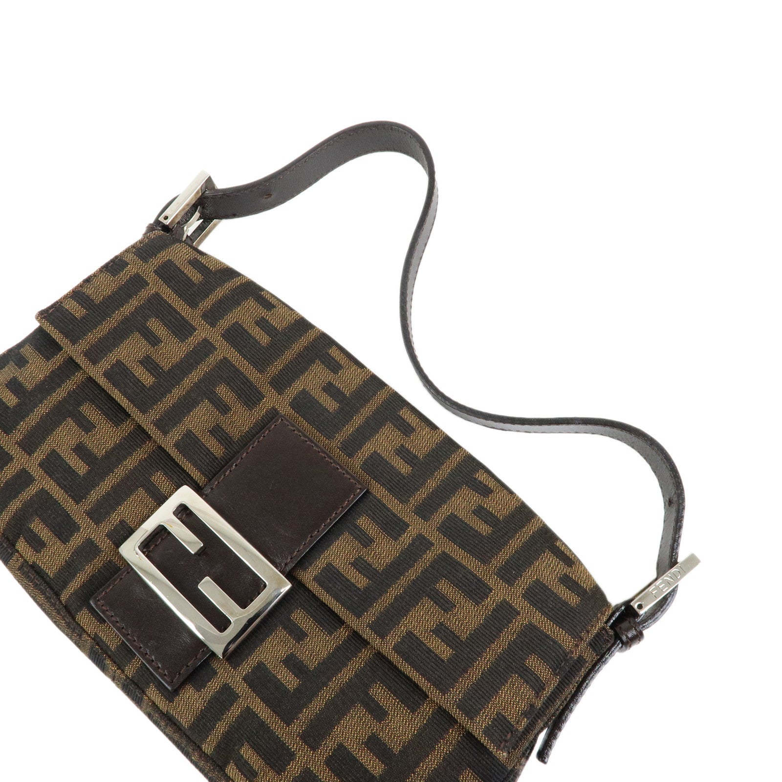 FENDI Mamma Baguette Zucca Canvas Leather Shoulder Bag Brown 26424