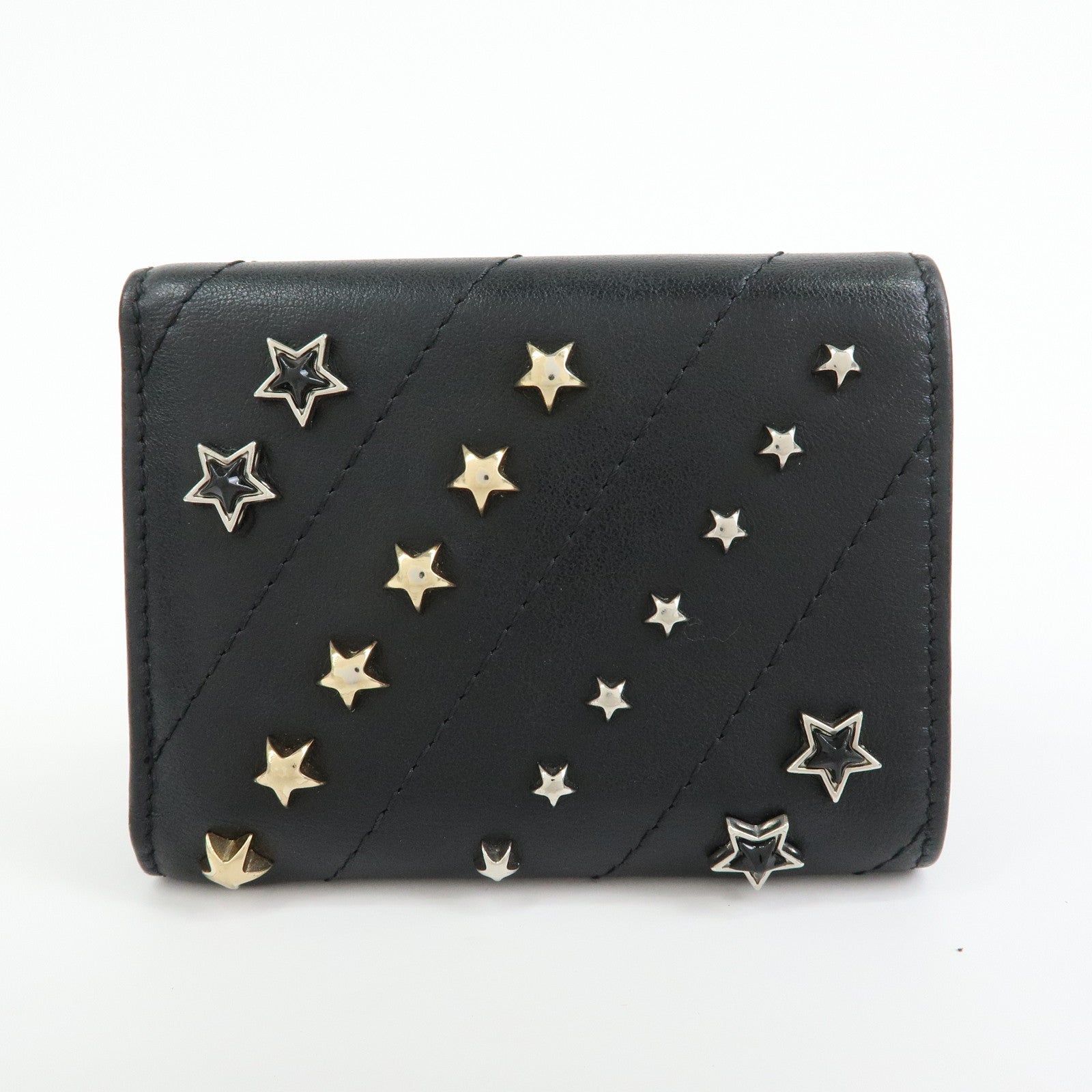 JIMMY CHOO Star Studs Leather Compact Tri-fold Wallet Black