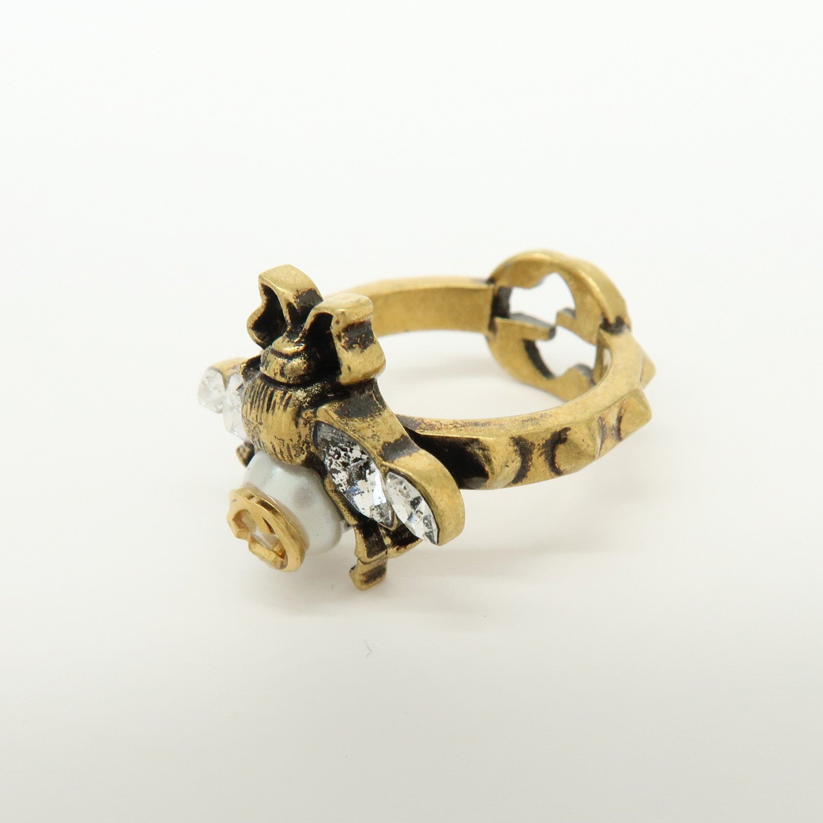 GUCCI Interlocking G Bee Metal Rhinestone Imitation Pearl Ring XS