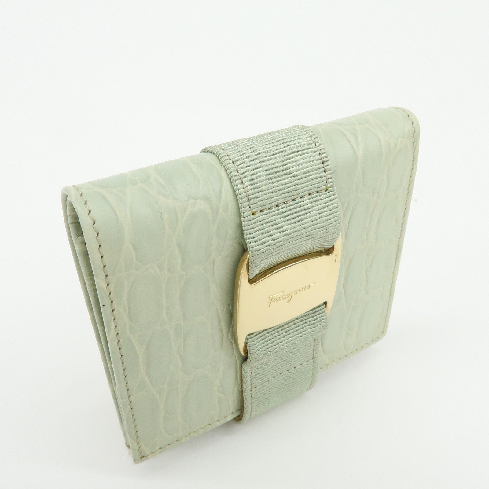 Ferragamo Vara Embossed Leather Compact Wallet Light Green