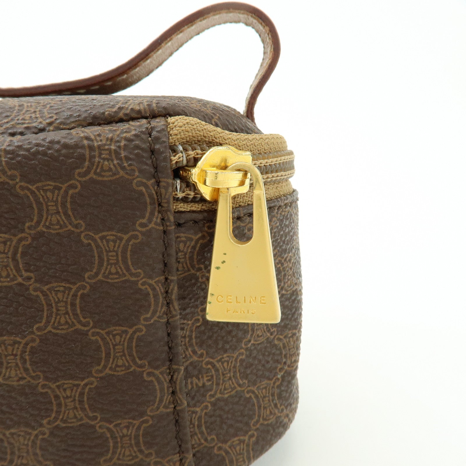 CELINE Macadam PVC Canvas Leather Mini Pouch Vanity Bag Brown
