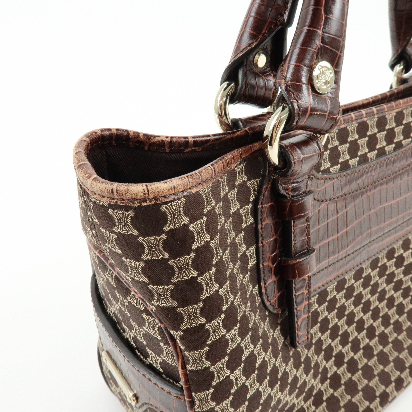 CELINE Macadam Boogie Bag Embossed Leather Canvas Hand Bag Brown