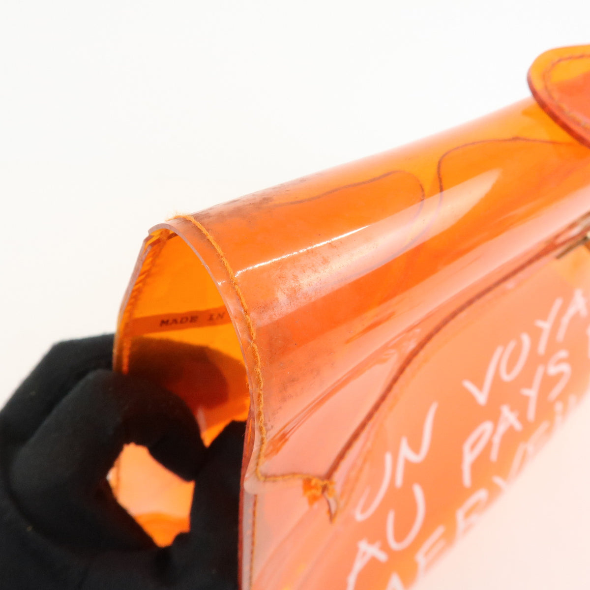 HERMES Vinyl Kelly Clear Hand Bag Transparent Orange