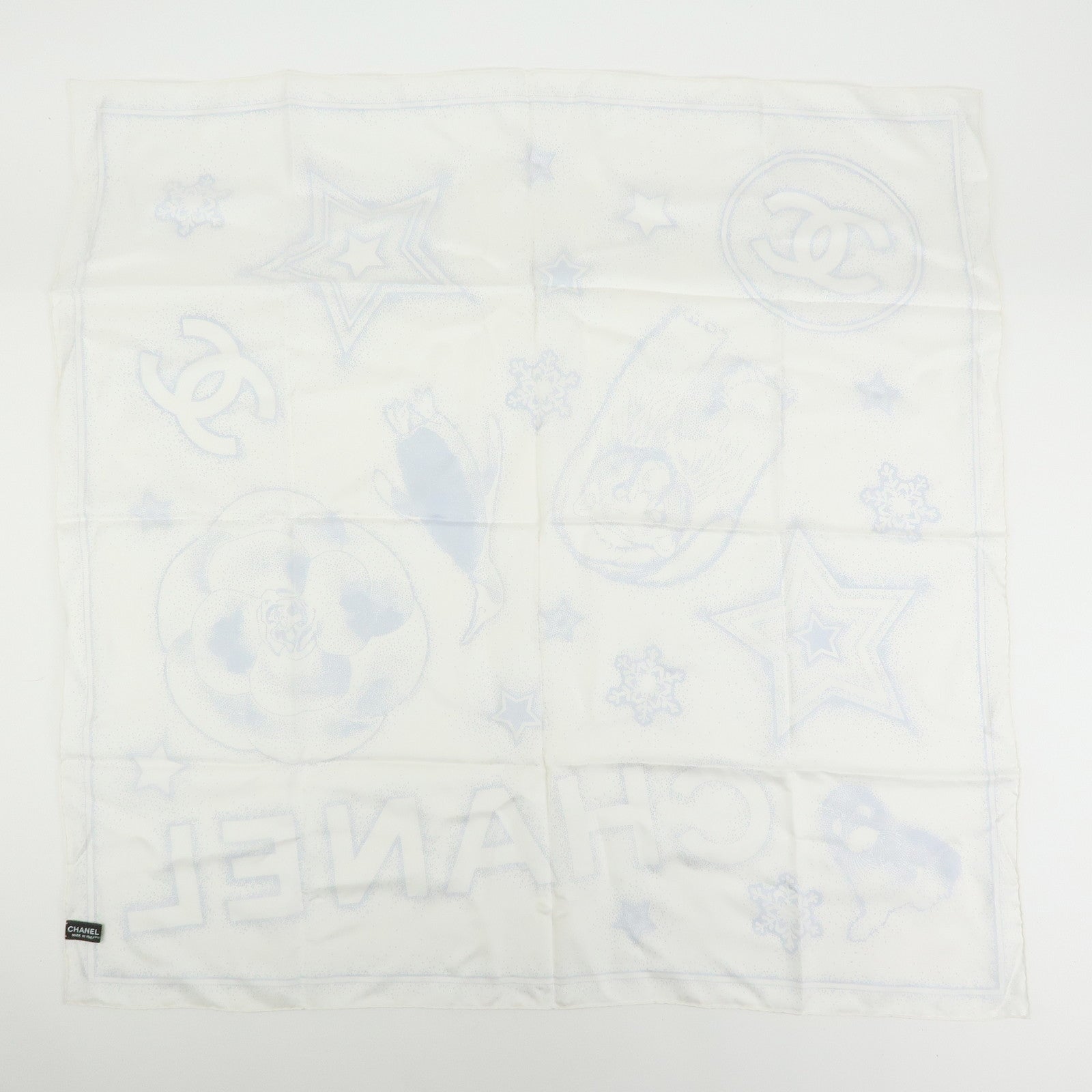 CHANEL Camelia COCO Mark Silk 100% Scarf Bear Penguin White Light Blue