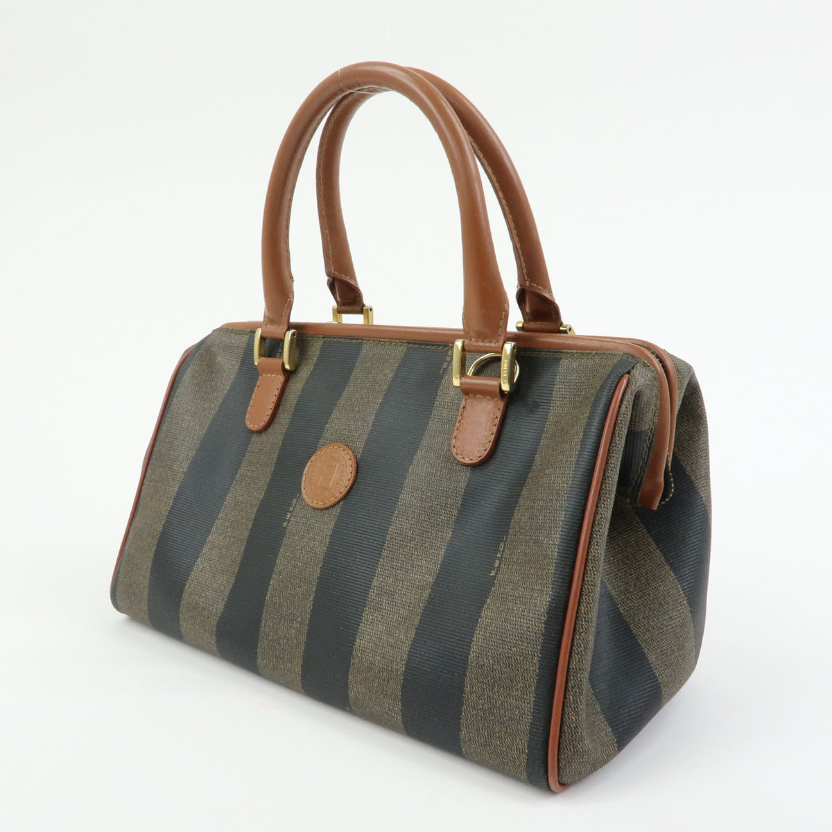 FENDI Pequin PVC Leather Boston Bag Hand Bag Brown Beige Black