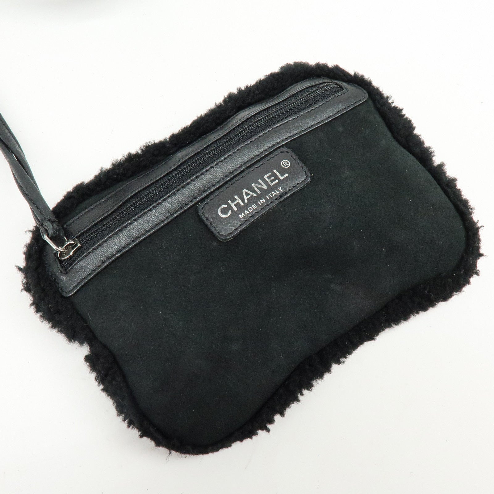 CHANEL Mouton Fur Leather Shoulder Bag with Strap Set Black