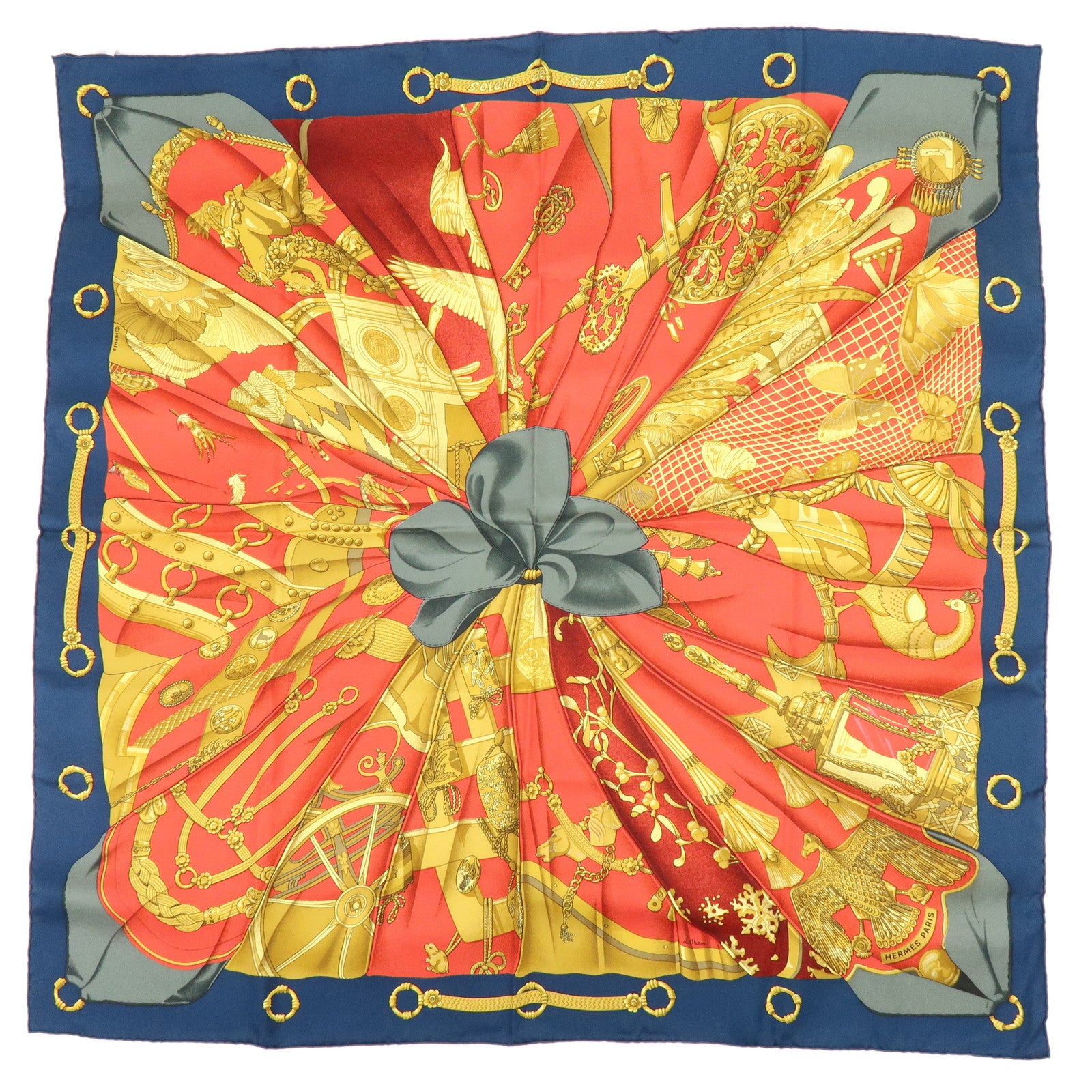 HERMES Carre 90 Silk 100% Scarf Soleil de Soie Red Navy Gold
