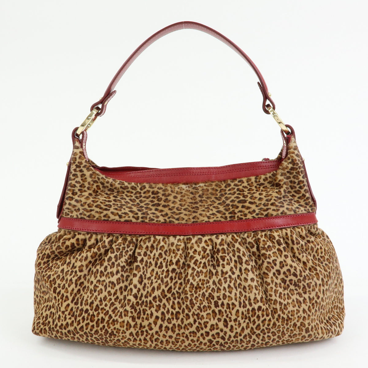 FENDI Pony Hair Leather Leopard Shoulder Bag Hand Bag Brown Red 8BR448