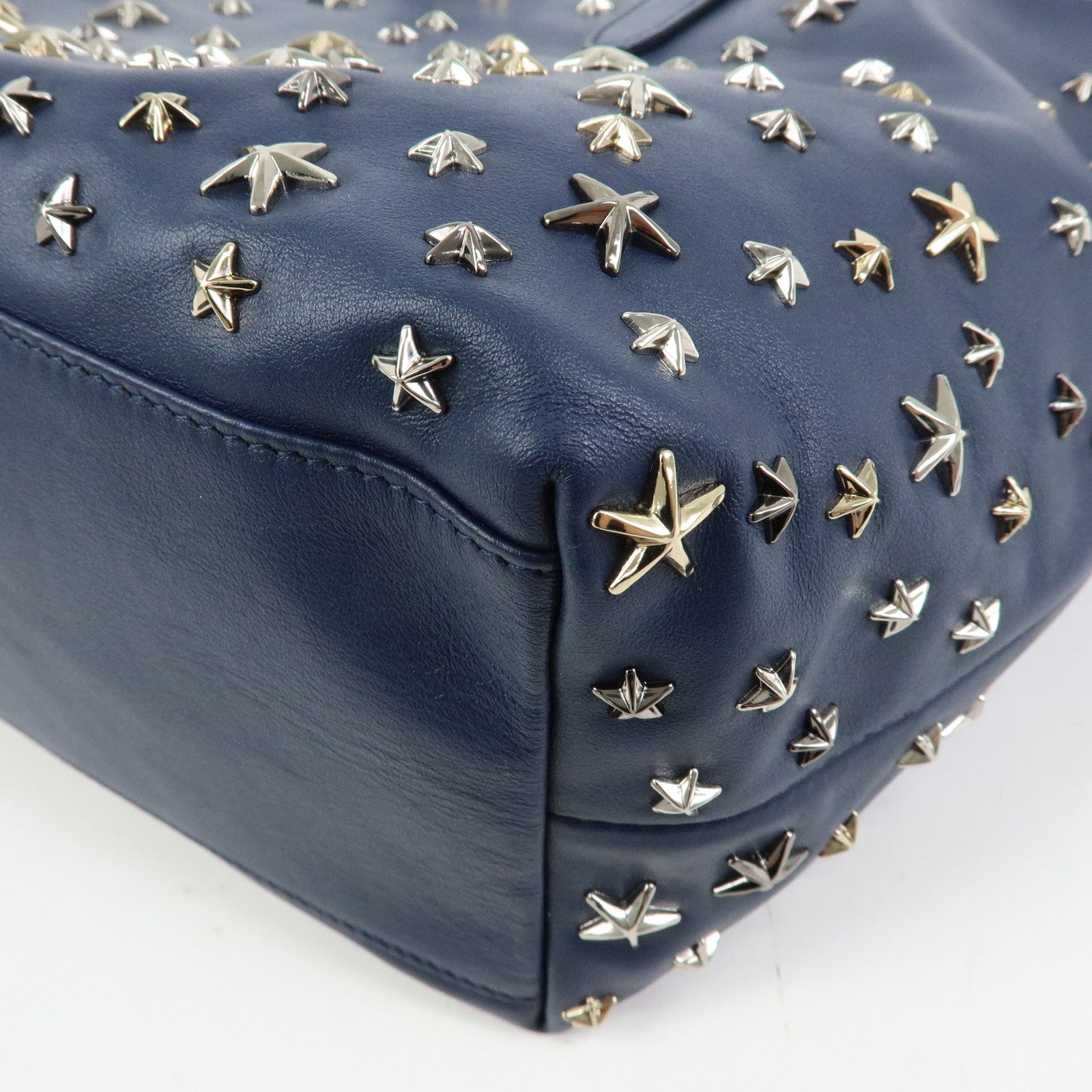 JIMMY CHOO Leather Star Studs Tote Bag Shoulder Bag Hand Bag Blue