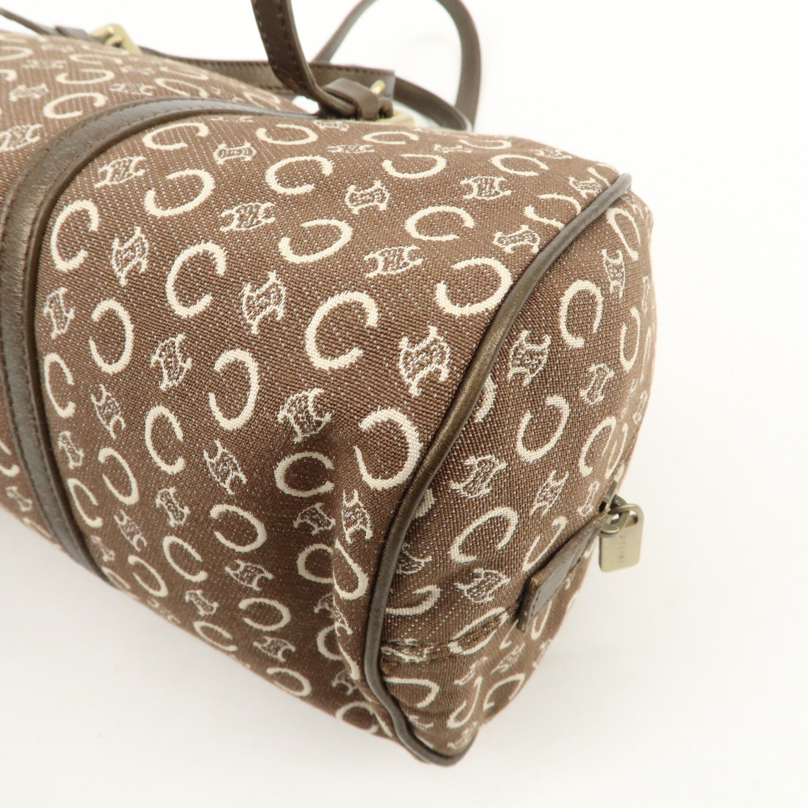 CELINE C Macadam Canvas Leather Boston Bag Hand Bag Brown White Used