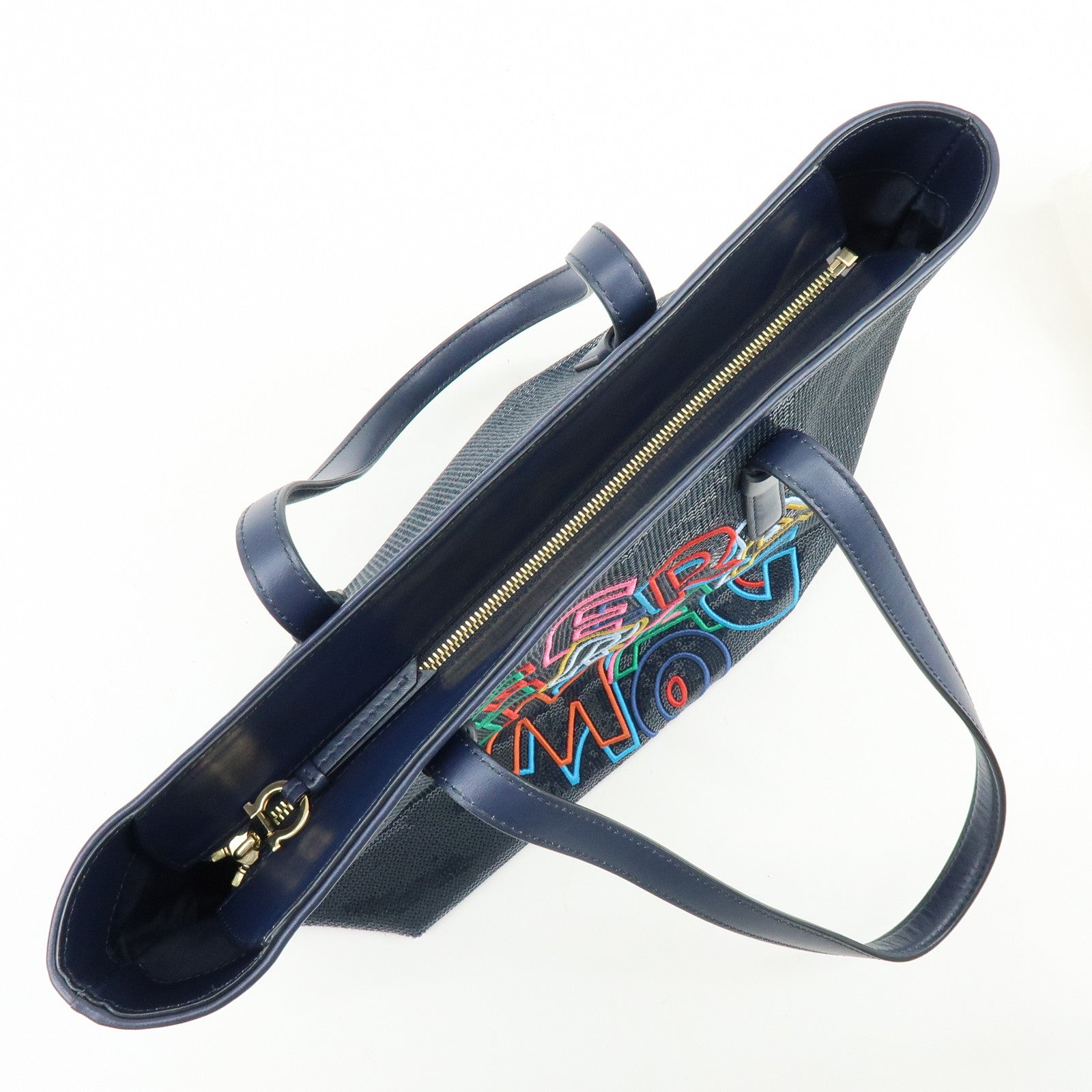 Ferragamo Gancini Sequin Leather Tote Bag Hand Bag Navy