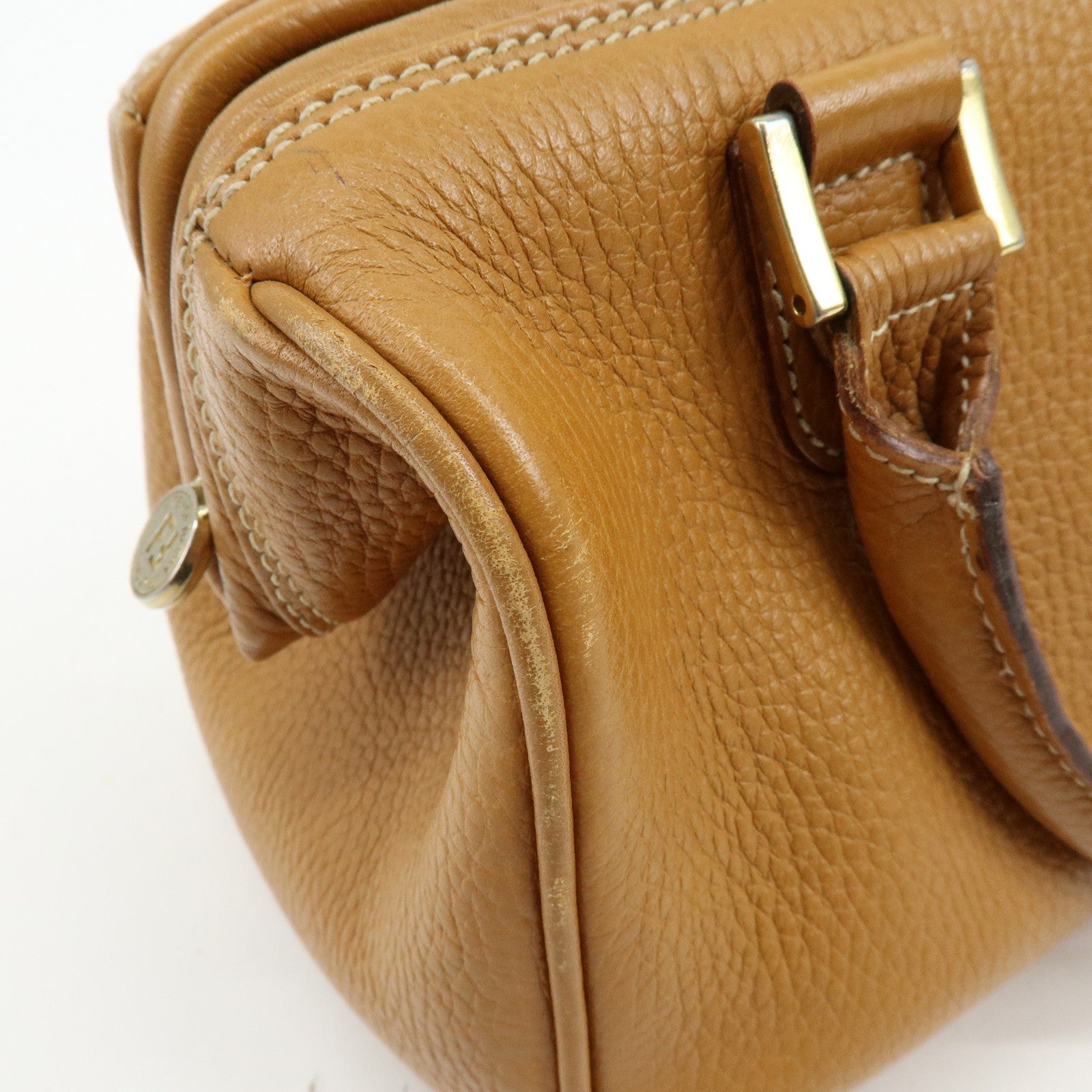 FENDI FF Logo Leather 2Way Bag Hand Bag Boston Bag Camel