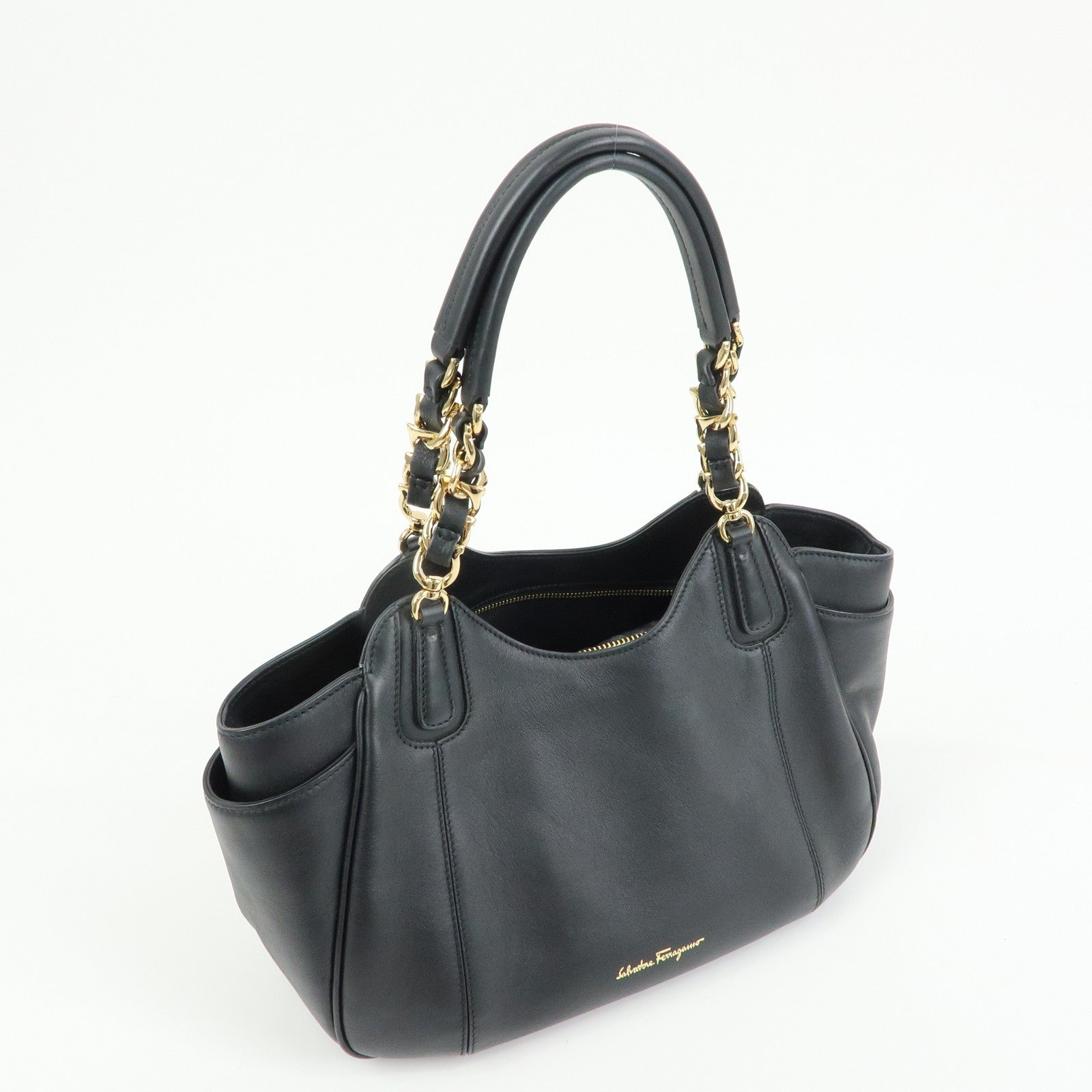 Ferragamo Gancini Leather Hand Bag Shoulder Bag Black 21 F077