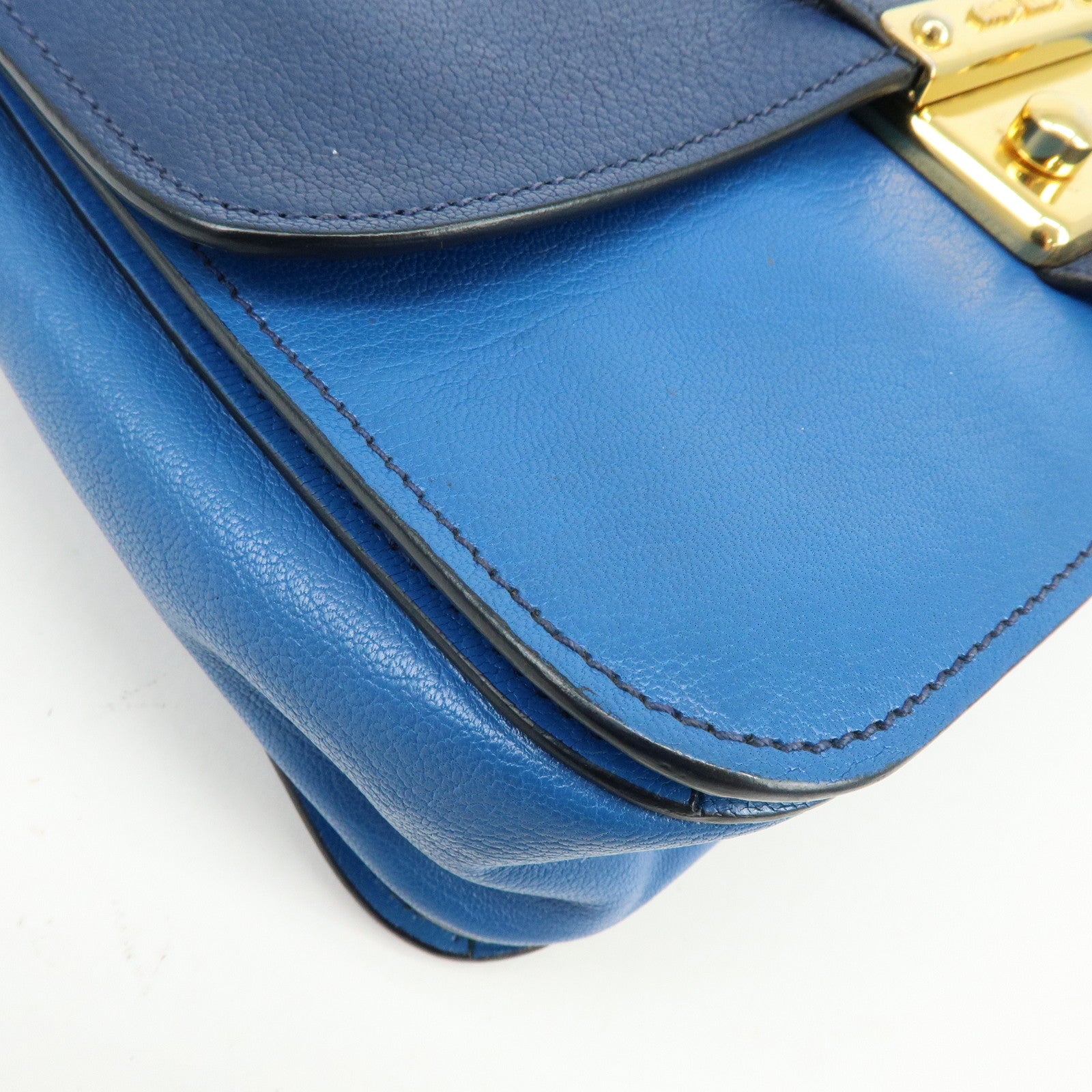 MIU MIU Logo Madras Leather Flap 2Way Bag Hand Bag Blue Navy