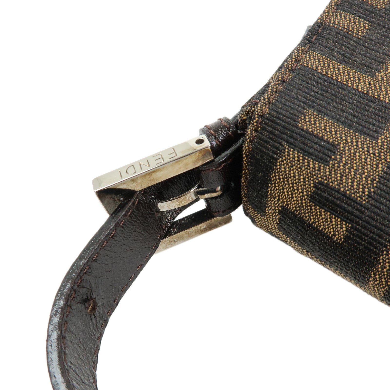 FENDI Mamma Baguette Zucca Canvas Leather Shoulder Bag Brown 26424