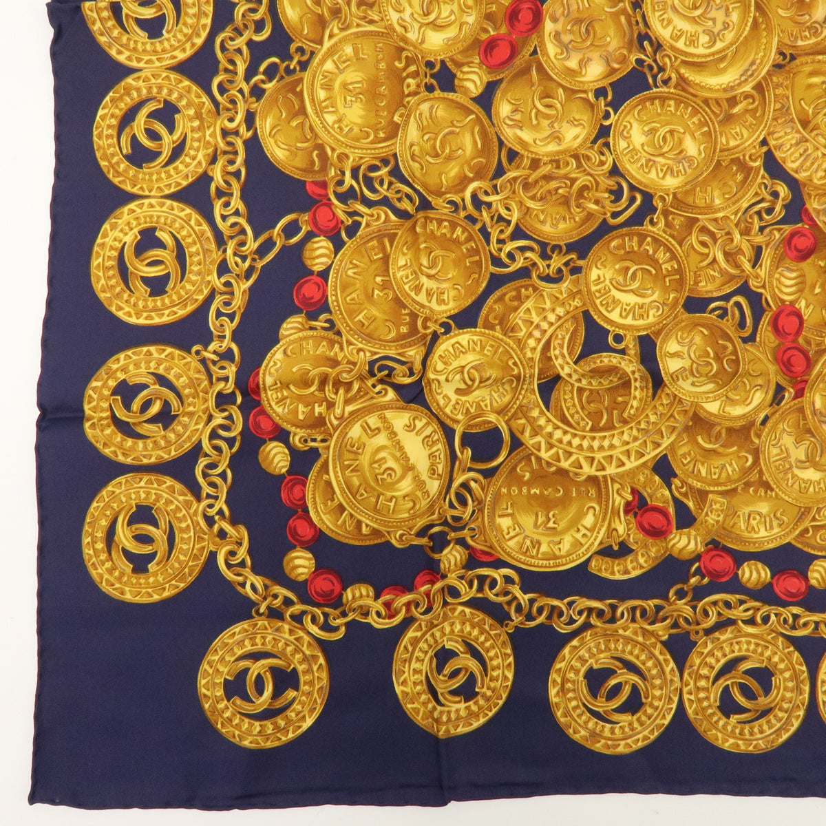 CHANEL COCO Mark Silk 100% Scarf Chain Print Gold Navy Red