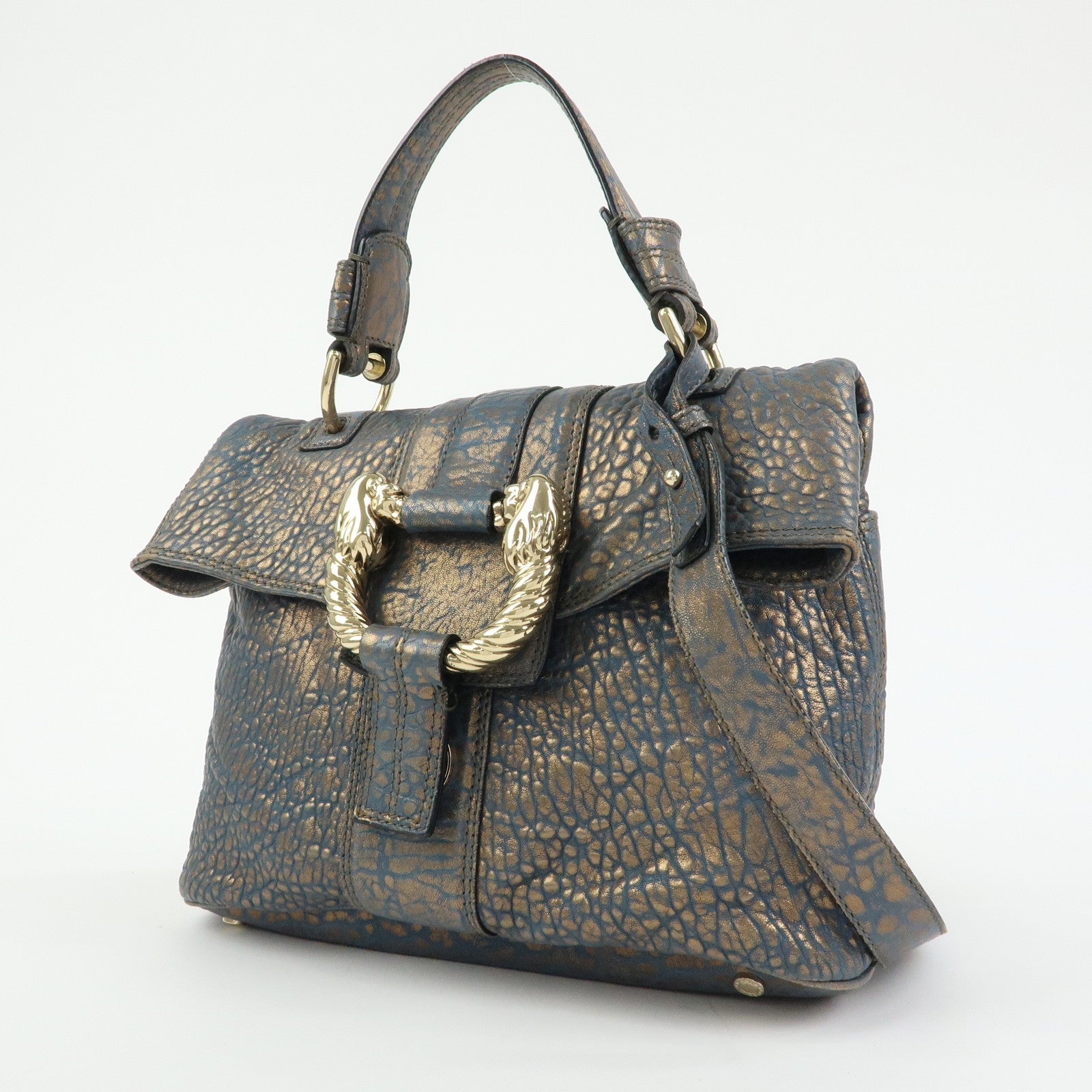 BVLGARI Leoni Leather Top Handle 2Way Bag Shoulder Bag Blue Bronze