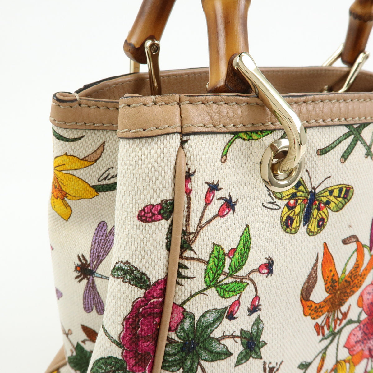 GUCCI Bamboo Flora Canvas Leather 2Way Bag Japan Limited Ivory 336032