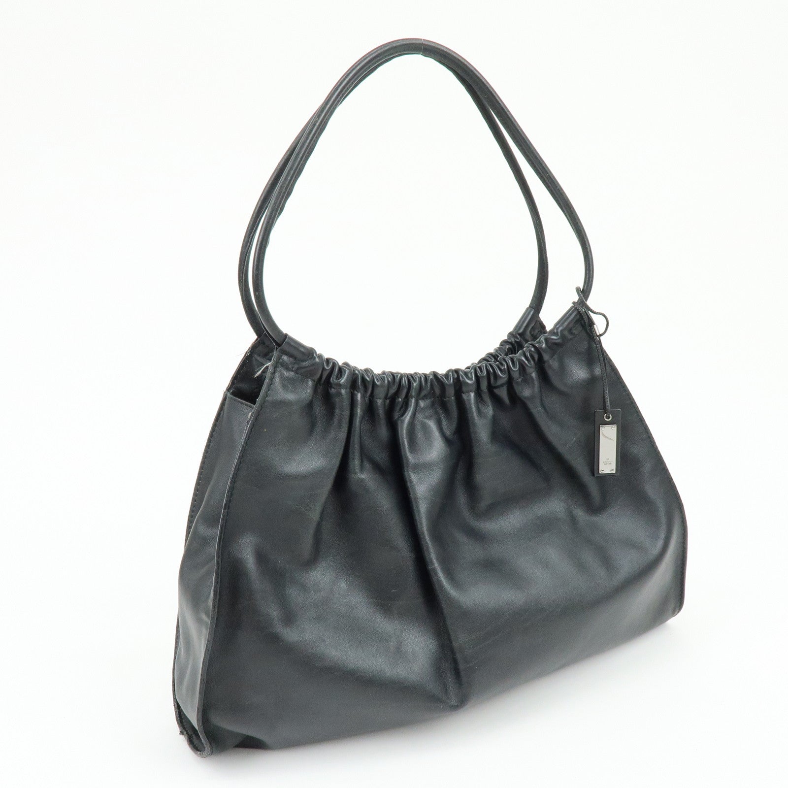 GUCCI Leather Ruched Bag Shoulder Bag Hand Bag Black 76553
