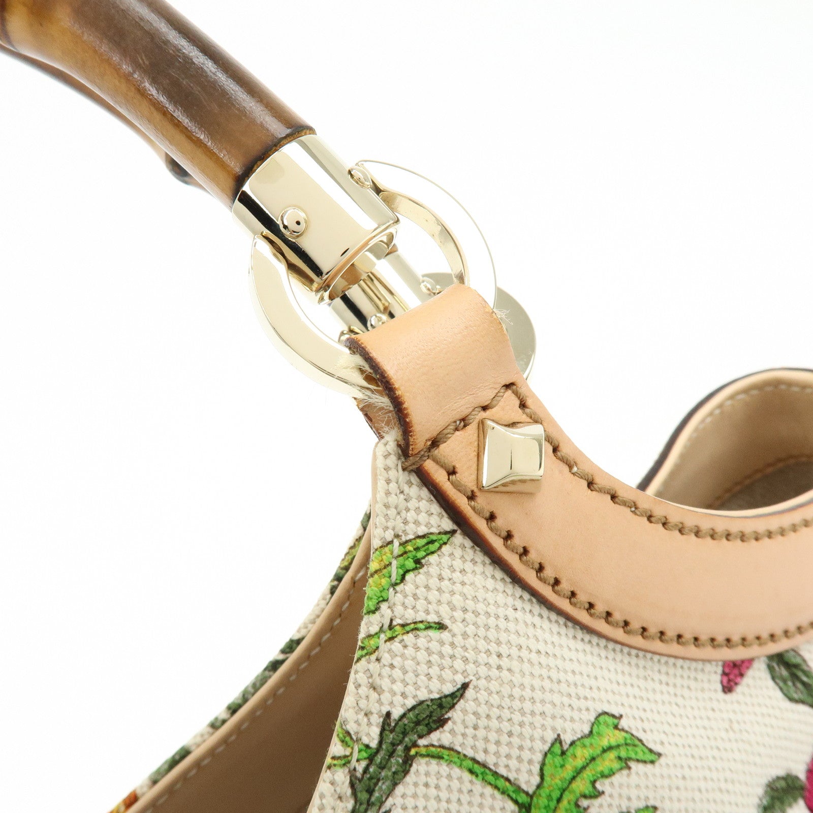 GUCCI Bamboo Flora Canvas Leather Hand Bag Multicolor Beige 137395
