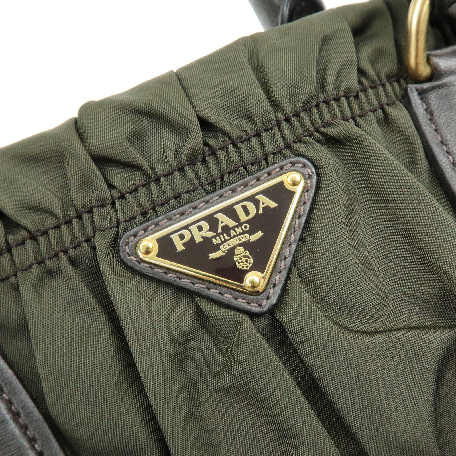 PRADA Triangle Logo Gathered Nylon Leather 2Way Bag Hand Bag BN1407