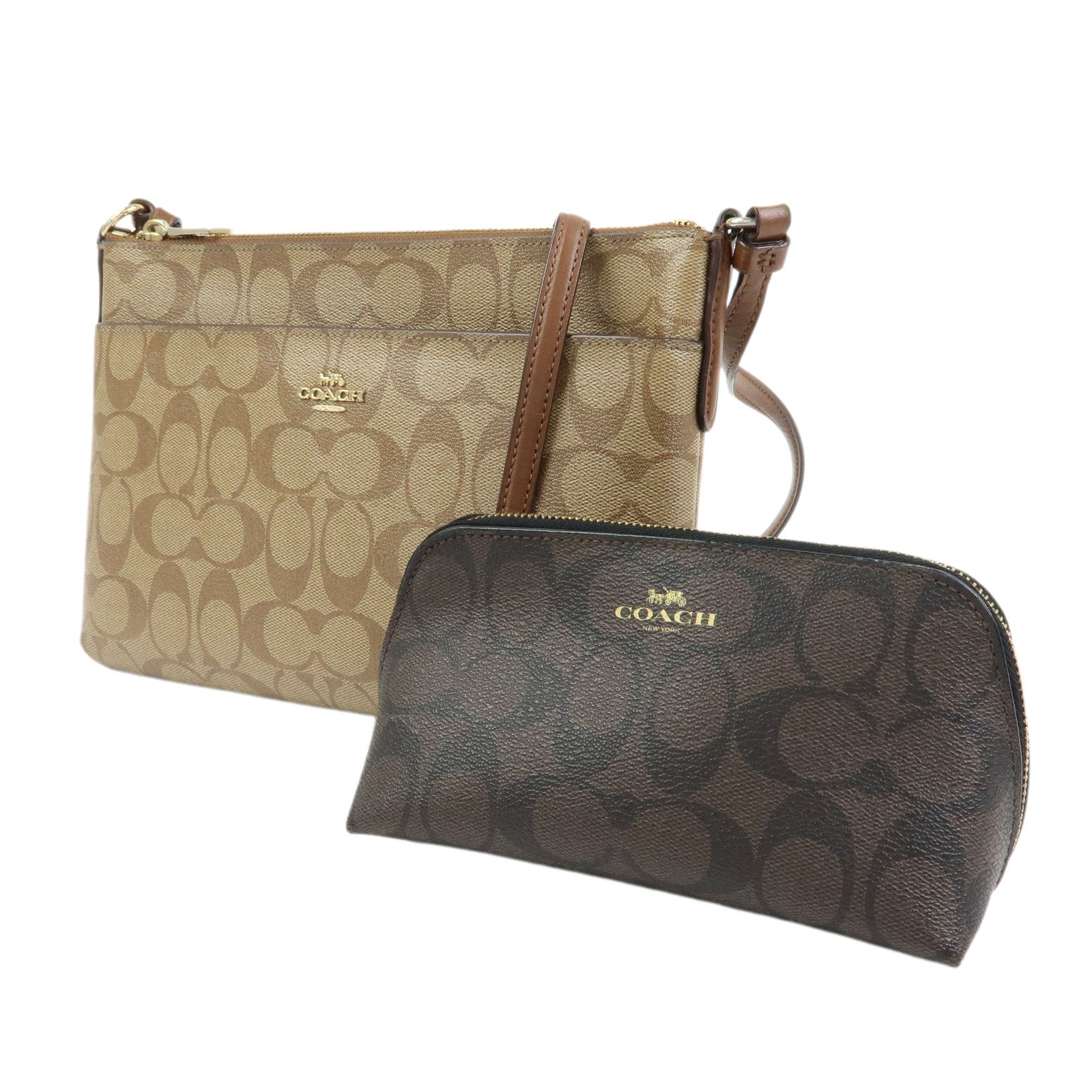 COACH Set of 2 Signature PVC Leather Shoulder Bag Cosmetic Pouch