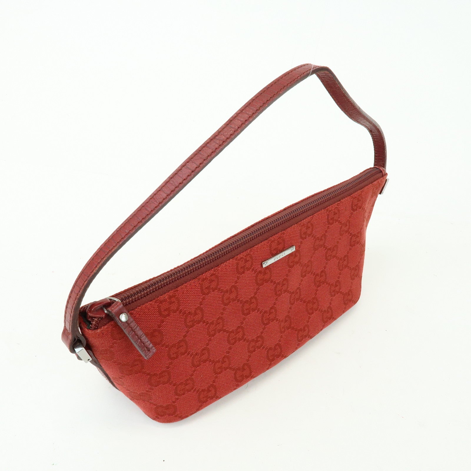 GUCCI Boat Bag GG Canvas Leather Accessory Pouch Hand Bag Red 07198