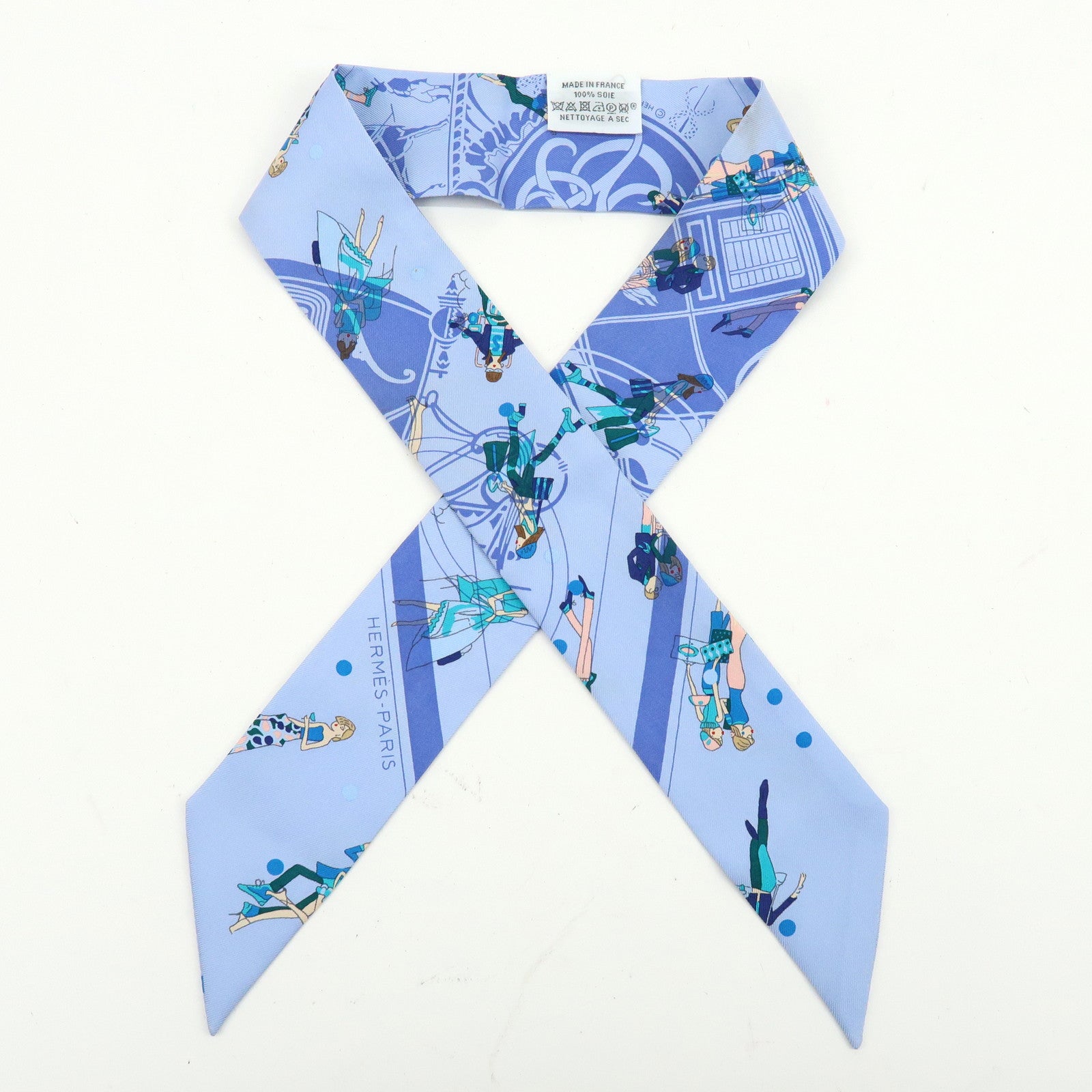 HERMES Twilly Silk 100% Scarf Ex-Libris Les Parisiennes Light Blue
