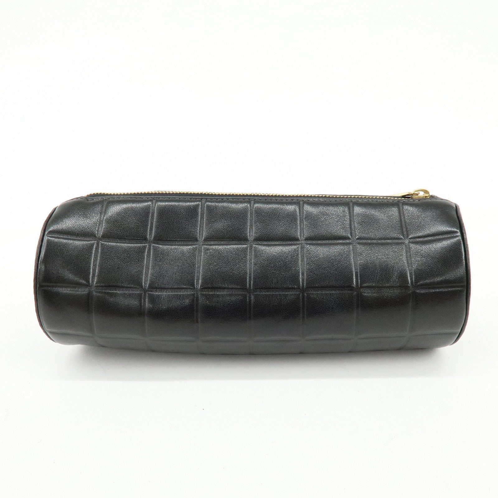 CHANEL COCO Mark Chocolate Bar Lamb Skin Cosmetic Pouch Black Gold