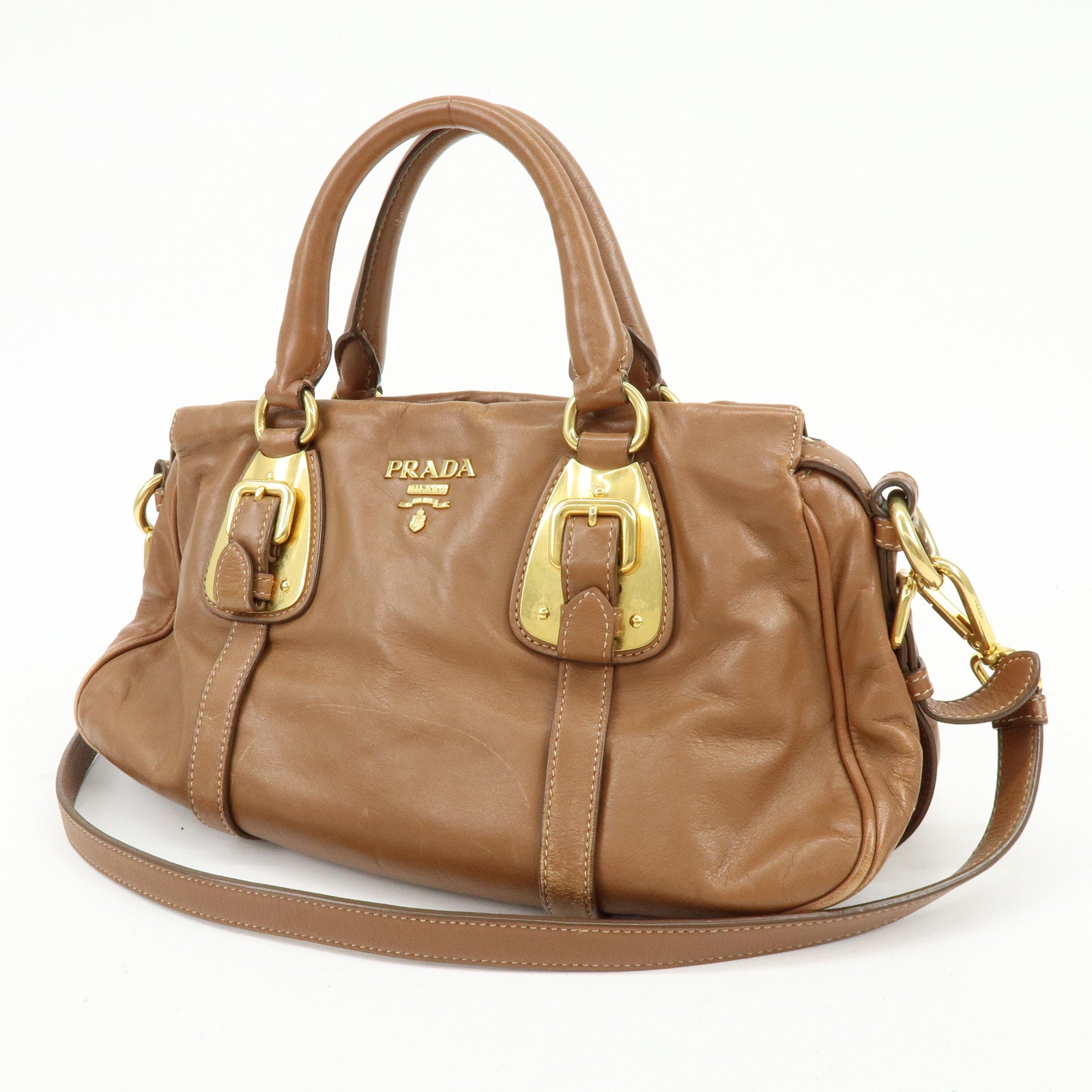 PRADA Leather 2Way Bag Hand Bag Shoulder Bag Brown