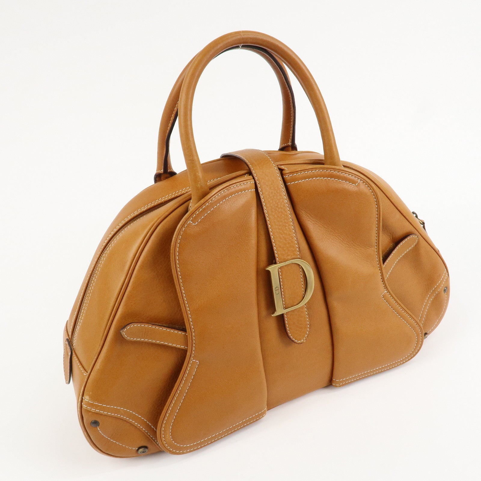 Christian Dior Double Saddle Bag Leather Shoulder Bag Hand Bag Brown Used