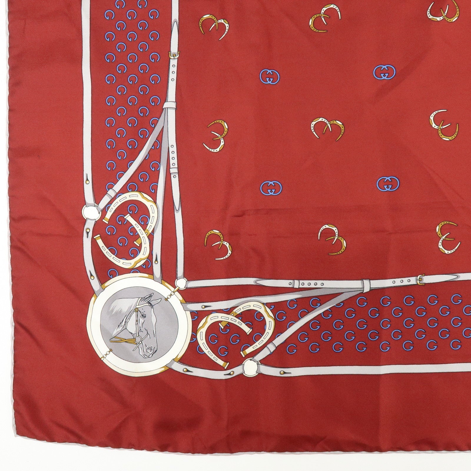 GUCCI Silk 100% Double G Horseshoe Scarf Bordeaux White Blue